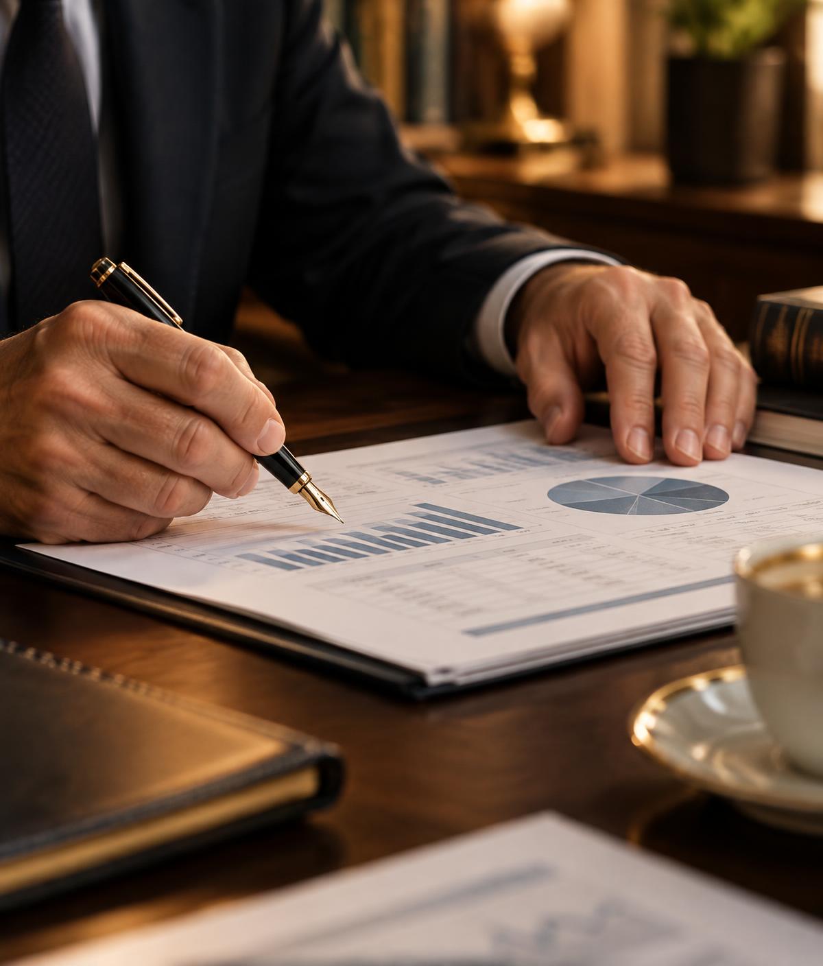 Advisor reviewing financial reports